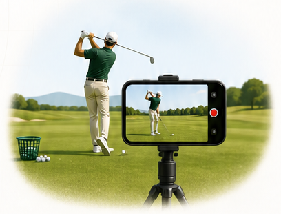 Golfer die met een telefoon op statief wordt gefilmd